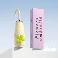 Mini folding UV umbrella in cream with green flower accent and purple gift box - Flower Design / 5-Fold 6-Ribs / Milk Tea Yellow