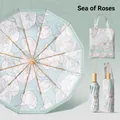 Ombrelle à fleurs roses bleu clair avec 24 baleines et sac de transport assorti - Mer de Roses