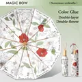 Elegante sombrilla de sol floral blanca con protección UV e 24 varillas para mujer - 12-Varillas Manual (24 Equivalente Doble) / Marco Dorado Flores Fragantes