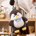 Schattige grijs-witte pluche pinguïn rugzak met een blauw geruite slabbetje detail - Pinguïn Pluche Rugzak / 45cm / Zwart