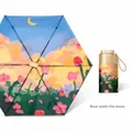 Hand-painted illustrated folding sun and rain umbrella with Rose under the moon design - Inside Floral Outside Gold Glue / Smaller 6 Ribs / Moonlight Rose