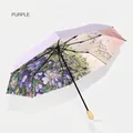 Compact lavender folding UV protection umbrella with floral oil painting interior pattern - Color Coating Style / Lavender Purple Starry