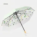 Compact folding sun umbrella with green floral pattern and stylish light wooden handle - Color Coating Style / Green Grace (Cold Fragrance Green)