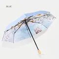 Paraguas plegable azul cielo con estampado artístico de margaritas estilo pintura al óleo - Flor de Brisa (Azul Cielo)
