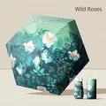 Portable folding sun umbrella with green wild roses oil painting print - 14cm Folded Length / Wild Rose