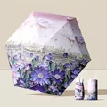 Portable UV protection sun and rain umbrella with purple floral oil painting pattern - 14cm Folded Length / Starry Violet