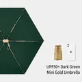 Portable dark green UPF 50+ sun umbrella with gold handle, folded next to phone. - 14cm Folded Length / Dark Green (Mini Gold Umbrella Style)