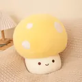 Cute yellow mushroom plush toy with a happy smiley face shown in a cozy home setting - Yellow