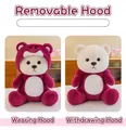 Adorable plush teddy bear featuring a removable magenta strawberry bear hood detail - 28cm / Removable Hat Style / Rose Red