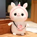 Cute white rabbit plush toy wearing a pink unicorn hat and matching bag. - 30cm / Unicorn Transformation