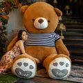 Giant brown plush teddy bear wearing a striped sweater with heart Love You paws - 80cm / Yellow Brown (Blue & White Striped Style)