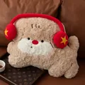 Soft and cute scruffy tan puppy plush pillow wearing red headphones with yellow stars - 23cm / Tan