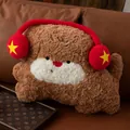 Adorable brown plush puppy pillow with red headphone accessory, soft scruffy dog toy - 23cm / Dark Brown