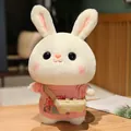 Adorable white rabbit plush toy wearing a pink knitted sweater and tan crossbody bag - Pink Sweater With Letters And Bag / 30cm