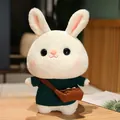 Adorable white plush bunny doll wearing a green knitted sweater and brown bag - Dark Green Sweater With Antler Pattern And Bag / 30cm