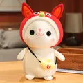 Cute soft plush bunny toy wearing a festive red rabbit hood and gold fortune bag - Lion Dance Bunny - Gold Ingot