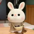 Adorable cute plush white rabbit doll wearing a grey knitted sweater and mini bag accessory - Gray Sweater With Heart Pattern And Bag