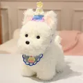 Fluffy white Westie dog plush toy featuring a colorful birthday hat and blue crochet bib - White Westie (With Party Hat and Bib) / 23cm