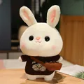 Cute white rabbit plush toy wearing a brown knitted sweater and carrying a small crossbody bag. - Coffee Sweater With Bear Head And Bag