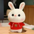 Adorable white plush rabbit toy wearing a vibrant red hoodie with a cute bear design - Red Hoodie