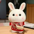 Adorable white rabbit plush doll wearing a pink cherry knit sweater and tan crossbody bag - Pink Sweater With Red Cherry And Bag