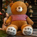 Giant brown teddy bear plush toy in red striped sweater with Love You paw embroidery - 80cm (1kg) / Rabbit Fur Yellow Brown - Red and White Stripes