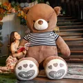 Giant brown teddy bear plush toy wearing a classic black and white striped shirt - 80cm / Chocolate Brown (Blue & White Striped Style)