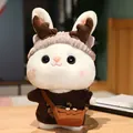 Adorable white rabbit plush toy featuring reindeer antlers and a brown knitted sweater - Antler Headband And Coffee Sweater With Bag