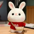 Cute white plush rabbit doll wearing a red sweater with heart and a tiny crossbody bag - Red Sweater With Heart Pattern And Bag