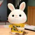 Adorable white rabbit plush toy wearing a yellow knit sweater and crossbody bag - Yellow Sweater With Cactus Pattern And Bag