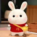 Cute white bunny plush toy wearing a red Chinese New Year sweater with a yellow bag - Red Sweater With Blessing Character And Bag