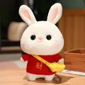 Adorable white plush bunny doll wearing a festive red sweater and yellow crossbody bag. - Red Sweater With Wealth Character And Bag
