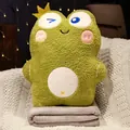 Cute green frog plush pillow with crown and cozy grey fleece blanket set - Washable Pillow Only / Frog