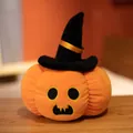 Funny Halloween pumpkin plush toy wearing a black witch hat on a wooden surface - 20cm / Black Hat - Round Eye Grin