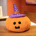Adorable Halloween plush pumpkin pillow wearing a purple wizard hat with white stars - 20cm / Purple Star Style - Round Eye Grin