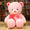 Giant pink plush teddy bear with embroidered heart and red bow for Valentine's gift - Pink / 80cm