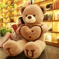 Giant brown teddy bear plush with heart pillow and I Love U embroidery on its feet - Bear Holding Heart / Standard Length 0.8m / Brown