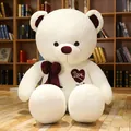 Large white plush teddy bear with burgundy bow and Love heart patch - White / 80cm