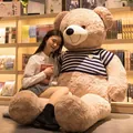 Giant light brown teddy bear plush wearing a blue and white striped sweater - Rose Velvet Light Brown + Blue and White Sweater / 100cm
