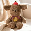 Cute brown teddy dog plush toy with red apple hat and yellow decorative bandana scarf. - Small (Sitting Height 25cm / Full Length 30cm) / Yellow Triangle Scarf