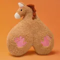 Creative funny horse plush pillow with unique butt shape and pink handprints gag gift - Tan