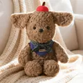 Cute brown plush puppy toy with red apple accessory and plaid scarf SKU variant. - Small (Sitting Height 25cm / Full Length 30cm) / Navy Triangle Scarf