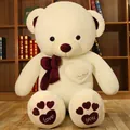 Soft large white plush teddy bear with dark red bow and heart-shaped embroidery - 80cm / Happy Birthday / White
