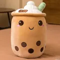Adorable cojín de peluche de té de burbujas con cara sonriente y pajita verde. - 23cm / Marrón