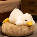 Adorable lying white plush duck toy with soft fluffy fur and yellow beak on woven pouf - 45cm / White Duck