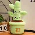 Peluche de bambú verde en maceta con caras sonrientes y bordado chino de buena suerte - Lazo de Rayas Rosas / 33cm