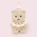 Creamy plush teddy bear wearing a pink knitted birthday hat and colorful collar. - Bear with Birthday Hat and Shawl / 20cm