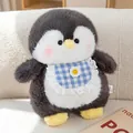 Cute chubby penguin plush stuffed animal toy featuring a blue gingham lace bib decoration - 13cm Pendant / Black
