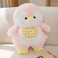 Soft pink and white penguin plush toy with yellow checkered floral bib - 13cm Pendant / Pink