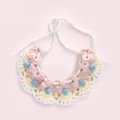 Handcrafted pastel pink and yellow knitted doll collar bib with cute blue pom-poms detail - Shawl Only (Without Bear)